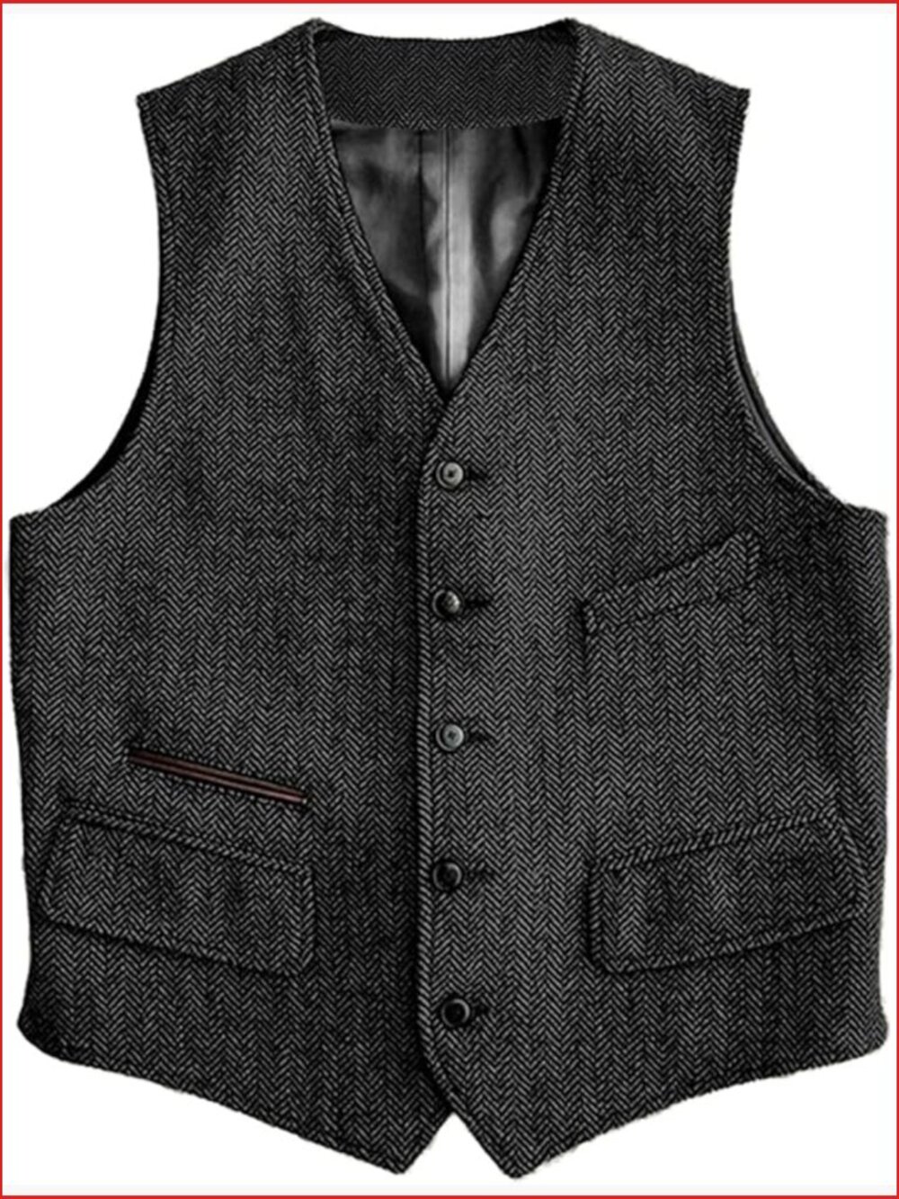 Mens Vintage Herringbone Pattern Suit Vest V Neck Casual Wool Blend Waistcoat
